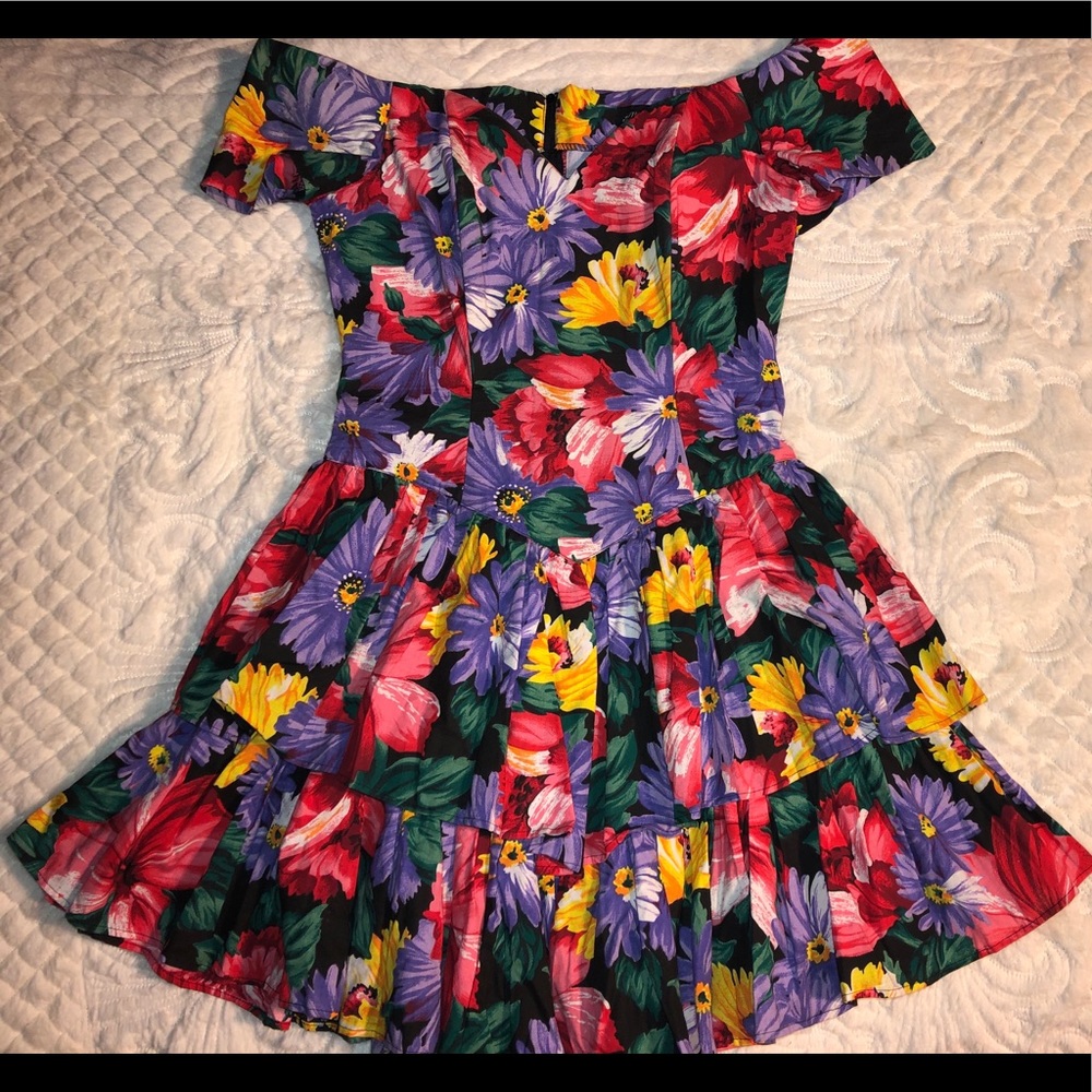 Layered Colorful Floral Off-Shoulder Dress